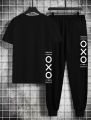 London Gym Attire Printed Summer Outfit Two Piece Short Sleeve T Shirts and Pants Sport Tracksuit For Men. 