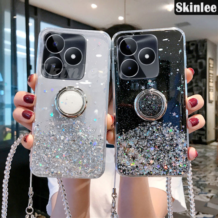 Phone case For Realme Note 60 Back cover Glitter Starry Sky Bling Ring Lanyard Shiny Transparent Holder Stand Girls Soft Cover For Realme Note 60 Cover cases