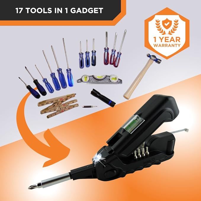 Kelvin 17 Urban Screwdriver Set, All in One Everyday Multitool Screwdriver, Multi-Tip, Compact & Universal Precision, 13 Bit Set with Tape Measure, Liquid Level, Hammer and Flashlight