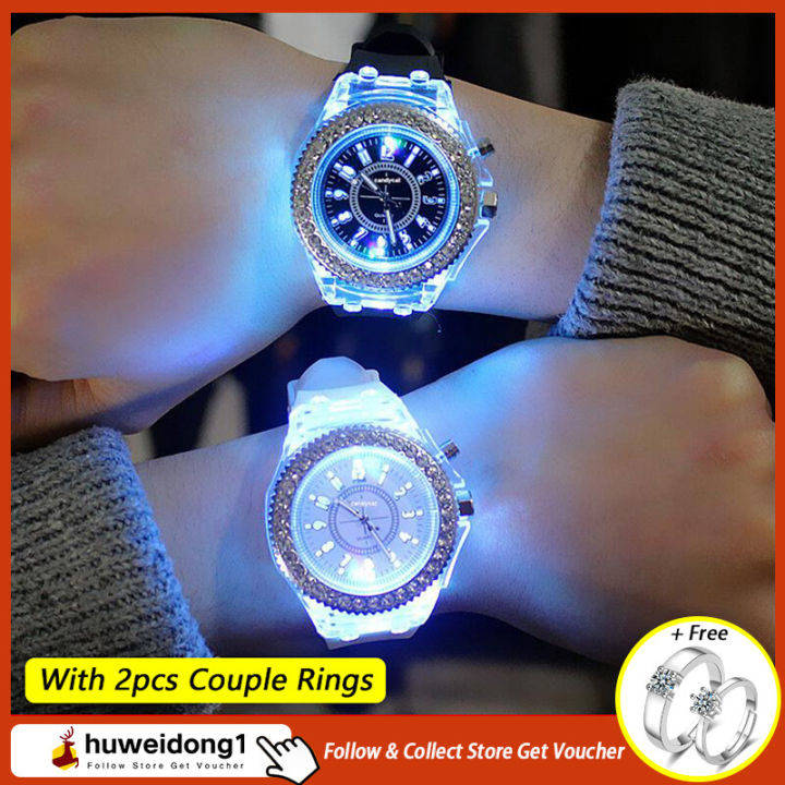 1 Pair GENEVA Couple Watch Luminous Diamond LED Silicone Quartz Big Dial Wrist Watch For Men Women Daraz.pk