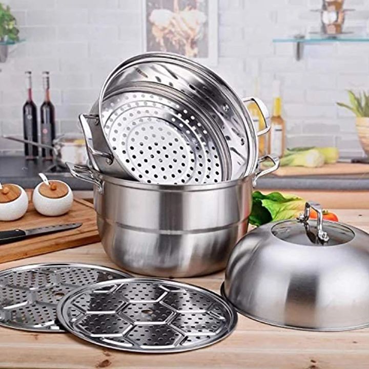 Stainless Steel Three Layers Steamer Pot With Glass Lid, Multi-Functional Soup Sauce Steamer Pots Cookware (28 cm 30cm ), 3 Tier Steamer Pot