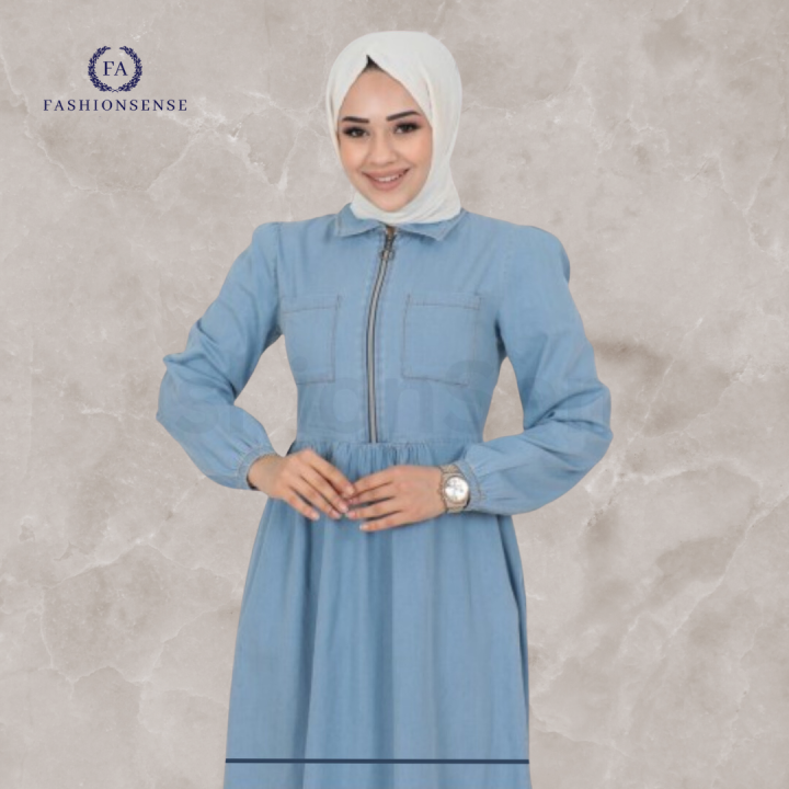 FashionSense Summer Maxi Style Denim Abaya with Half Body Zipper and Elastic Sleeves