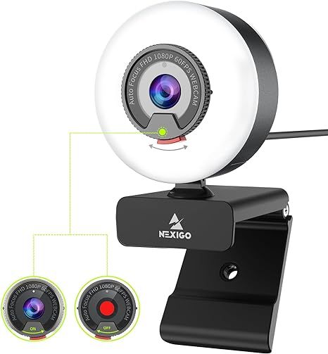 NexiGo N960E 1080P 60FPS Webcam with Light, Software Included, Fast AutoFocus, Built-in Privacy Cover, USB Web Camera, Dual Stereo Microphone, for Zoom Meeting Skype Teams Twitch