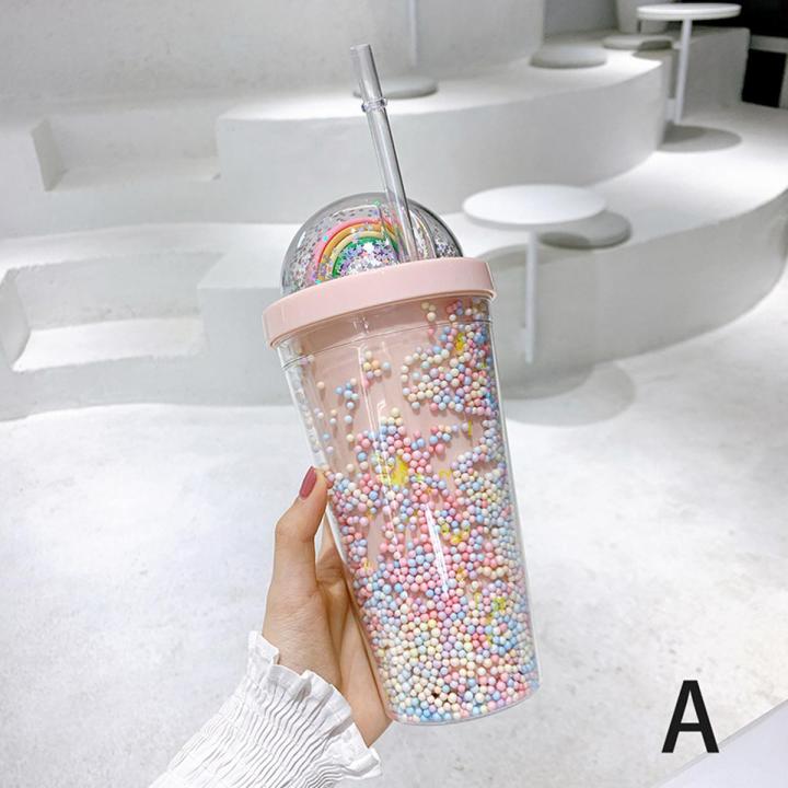 Double Layers Rainbow Plastic Water Bottle With Straw Creative 550ml Mug