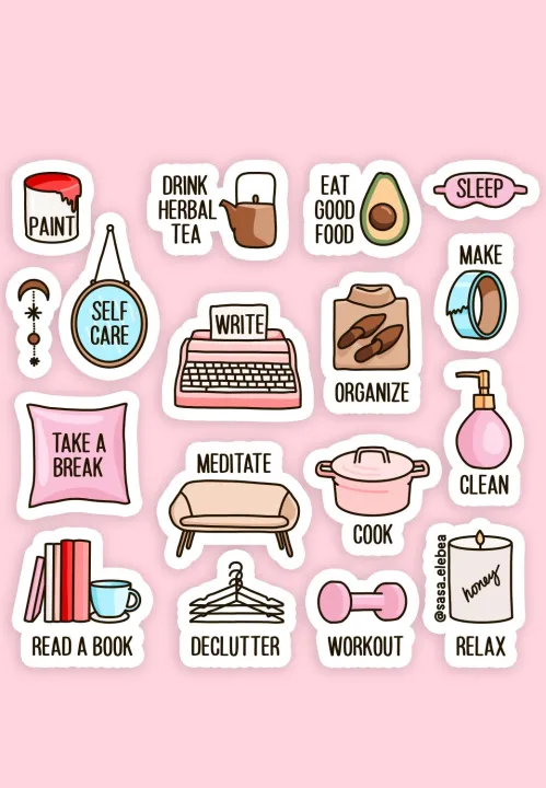 Self-Care &amp; Productivity Doodle Stickers - Daily Motivation Cute Daily ...