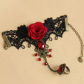 Super Hand Harness Bracelet Faux Gem Rose Decor Black Lace Ring Bracelet. 