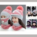 3 in 1 Winter Knitted Beanie Hat Face Neck Warmer Set for Women Girls Fleece Lining Ski Caps with Pompom. 