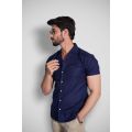 Navy Cuban Collar Casual Shirt. 