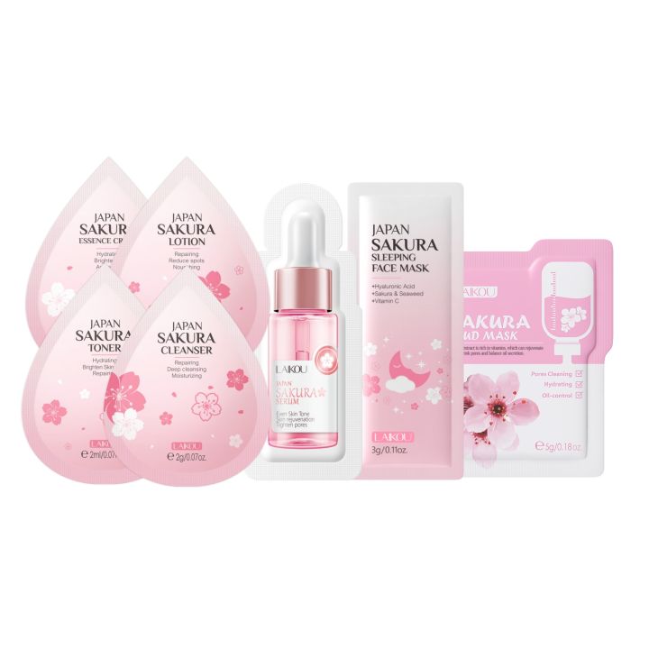 LAIKOU Sakura Skincare Set Travel Size Serum Cleanser Toner Clay Mask Face Cream Moisturizing 7pcs