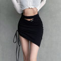 Women Skirt Solid Color Sext Hollowed Hips-wrapped Skirt Drawstring Irregular High-waisted Short Skirt. 