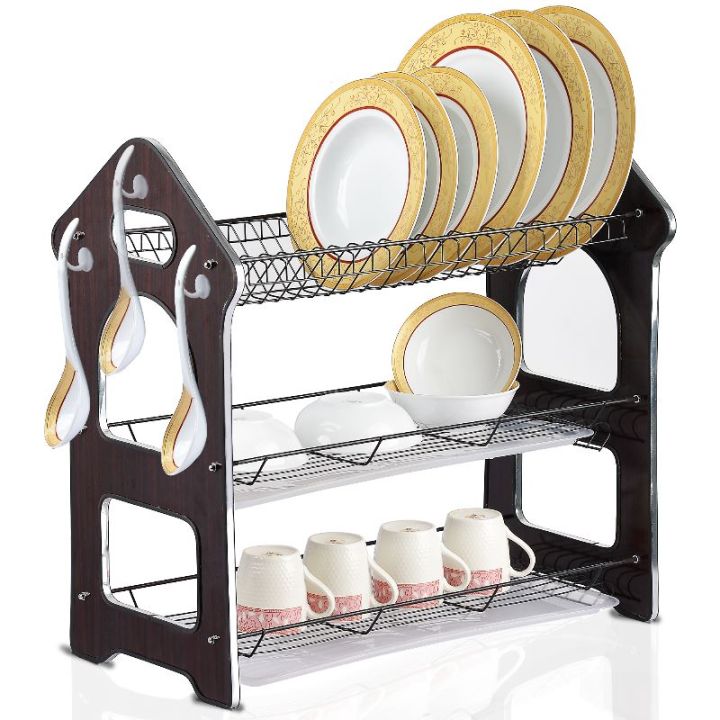 Introducing the 3-Layer Antique Wooden Panel Dish Drying Rack with Draining Tray: A Functional and Stylish Solution for Your Kitchen!