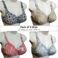 Pack of 4 Printed Bras for Women Cotton Bra for Ladies in Random Colors Fits B-Cup Wireless Bra for Girls Printed Bra Undergarments - Bilal Online. 