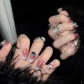 10pc handmade acrylic Millennium hot girl y2k artificial nail with glue full cover pink ballet false nail with butterfly pattern. 