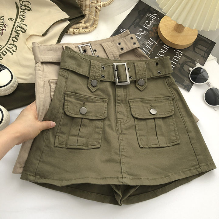 Y2K Women Streetwear Korean Gyaru High Waist Mini Skirt With Belts Short Culotte Big Pocket Grunge A-line Cargo Skirts Clothes