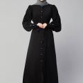 FRONT OPEN LONG CUFF GATHERED PUFFED SLEEVE CASUAL ABAYA. 