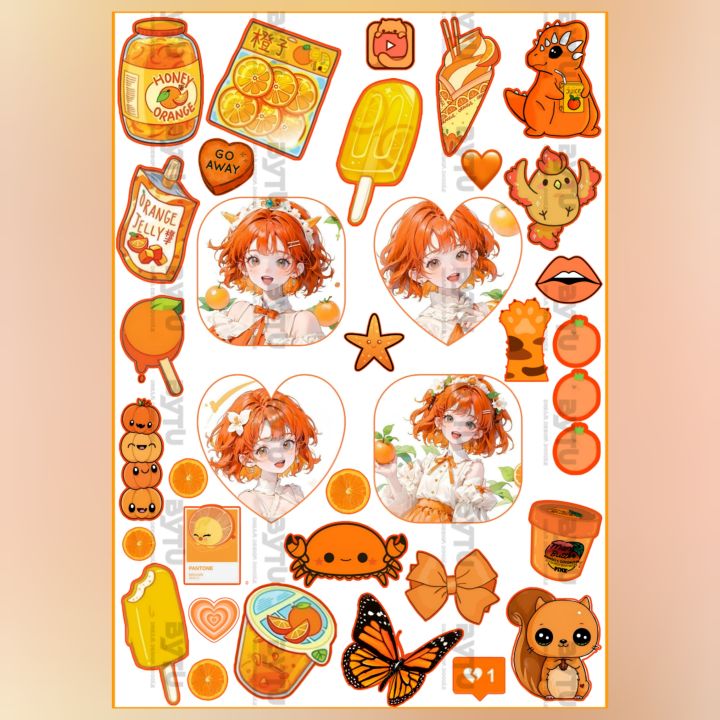 Cute Orange Aesthetic Anime Stickers A5 Uncut for Kids Girls Anime Lovers Journal Scrapbook Phone Cover Laptop Notebook DIY Crafts and more