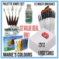 Artist's Value Pack: 32-Piece Set with Canvases, Acrylic Paints, Brushes, Enamel Thinner, and Large Palette. 
