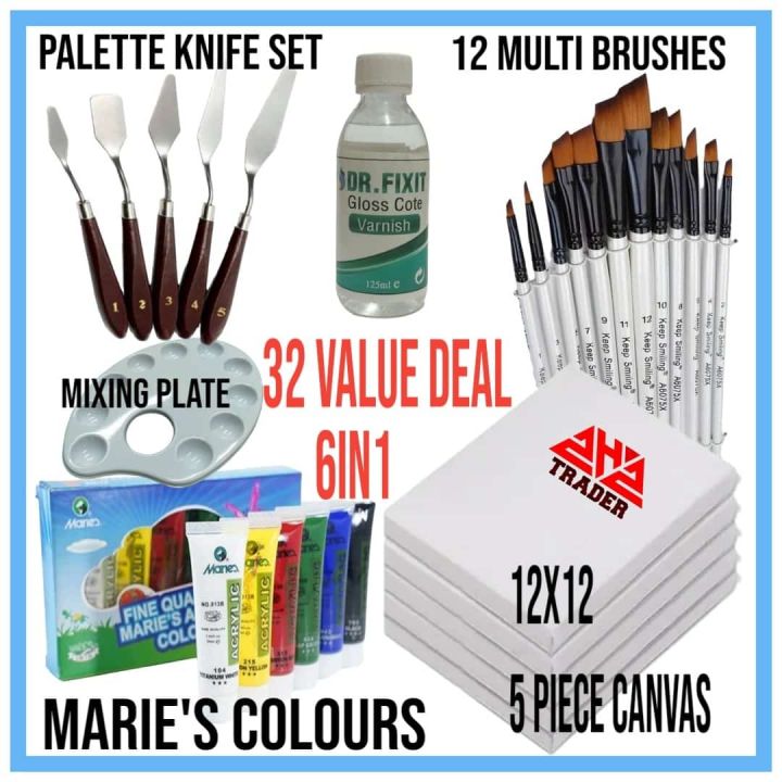 Artist's Value Pack: 32-Piece Set with Canvases, Acrylic Paints, Brushes, Enamel Thinner, and Large Palette