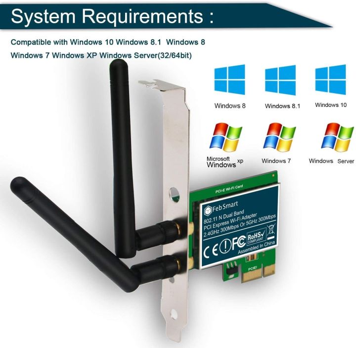 Feb Smart Wireless Dual Band N600 (2.4GHz 300Mbps or 5GHz 300Mbps) PCI Express (PCIe) Wi-Fi Adapter Network Card with 6dBi External Detachable Antenna for Desktop Computers (FS-N600 Basic Edition) ORIGINAL UK ZONE STOCK
