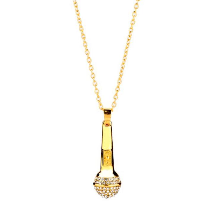Microphone Crystal Chain Necklace Rapper Headphone Headset Music Note Guitar Charm Pendant Men Women Hip Hop Accessories