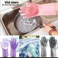 Multipurpose Washing gloves with scrubber brush heat resistant reusable for dishwashing cleaning best kitchen accessories protect your hands from hot and cold water, useful gadgets bathroom cleaner. 