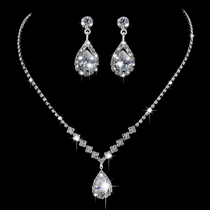 3Pcs Luxury Simple Rhinestone Necklace Drop Earrings For Women Girls Fashion Exquisite Jewelry Set Wedding Bride Accessories Qoddess