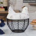 Large Stainless Steel Mesh Wire Egg Storage Basket with Ceramic Farm Chicken Top and Handles. 