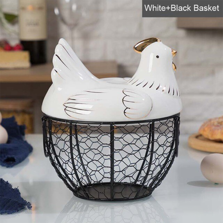 Large Stainless Steel Mesh Wire Egg Storage Basket with Ceramic Farm Chicken Top and Handles