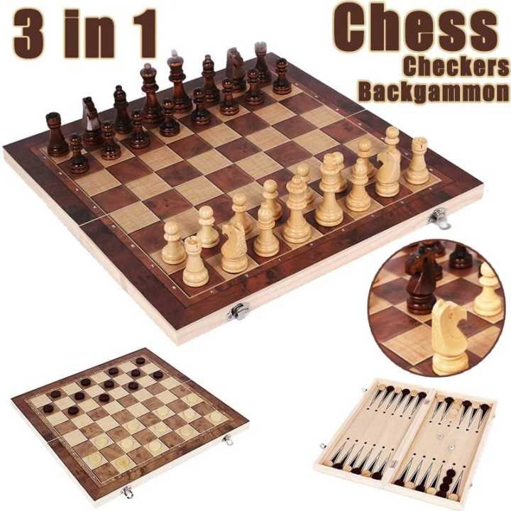 Chess | 3 in 1 bamboo  board with folding chess set | Chess & checkers & Backgammon wooden set | In unique design & best quality