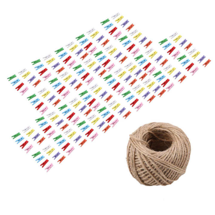 200 Pcs Natural Wooden Mini Clothespins Clip Peg with 1 Roll 50 Meter Jute Twine