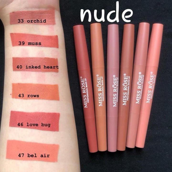 MISS ROSE lipstick and lip liner double sided 2 in 1 - color family NUDE- pack of 6