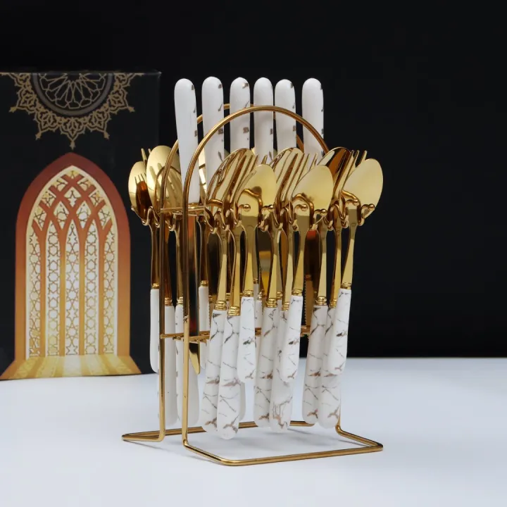 White%20Marblene%20Pattern%20Grip%2024%20Pcs%20Cutlery%20Set%20&%20Cutlery%20Holder%20-%20Image%202