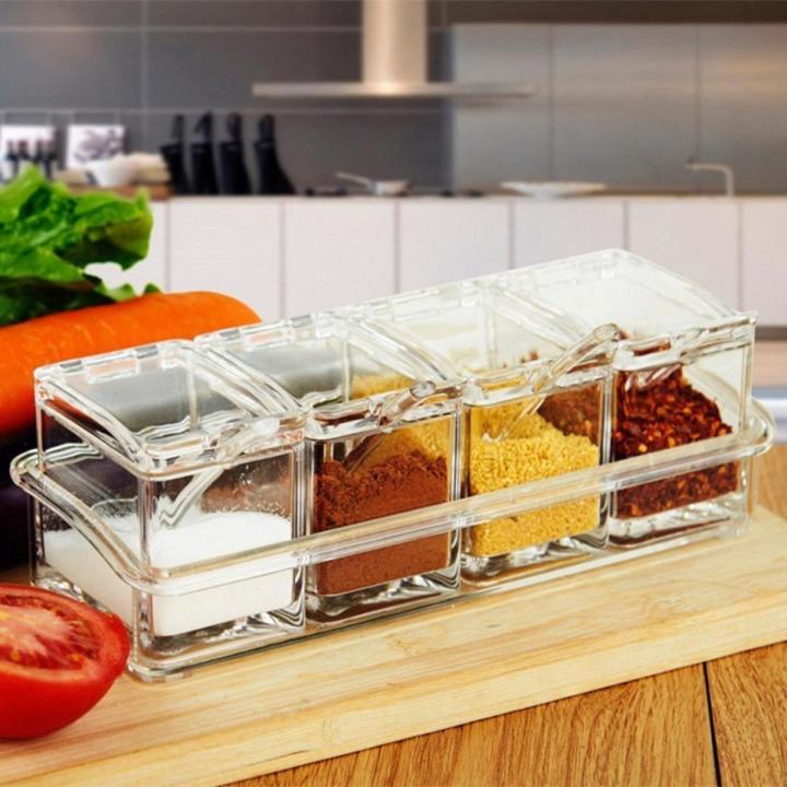 Acrylic Home Kitchen 4 Grid Acrylic Seasoning Spice Box Kit with Spoon Kitchen Masala Storage Box Container Seasoning Organizers Jars Transparent Daraz.pk