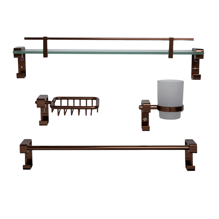 STYLISH BATHROOM ACCESSORIES SET | SHINY COPPER | 4-PIECE ALUMINUM SET | RUST-PROOF | MODERN DESIGN | SOAP DISH, BRUSH HOLDER, TOWEL ROD, GLASS SHELF
