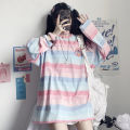 Women's Rainbow Striped T-shirt Loose Long-sleeved Casual Top. 