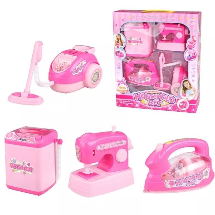 Galaxy Toys Dream 4 in 1 Household Utility Toy Set for Kids | Kitchen Pretend & Play Set for Kids | Washing Machine, Iron, Sewing Machine,Vacuum Cleaner for Girls (Pink)