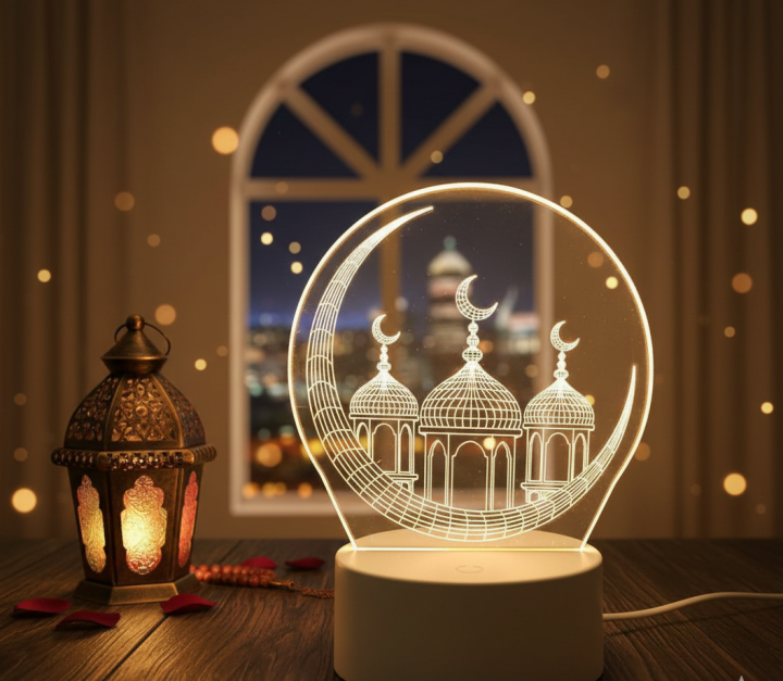 Islamic Mosque & Crescent Moon 3D LED Night Light | Ramadan Eid Decor ...