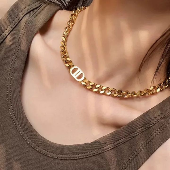 Gold%20Thick%20Chain%20Double%20D%20Letter%20Alloy%20Necklace%20Fashion%20Design%20Bracelet%20Accessories%20-%20Image%204