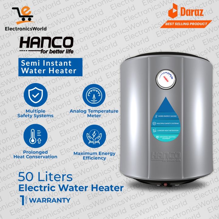 Hanco Semi Instant Electric Water Heater - 50 Litres Body Size - Smart Electric Geyser (Imported Heating Element, Multiple Safety Systems, Longer Heat Retention) - 1 Year Warranty
