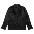 Canis-Men Satin Ruffle Shirts, Long Sleeve Stand Collar Solid Color Slim Fit Dress Shirt. 