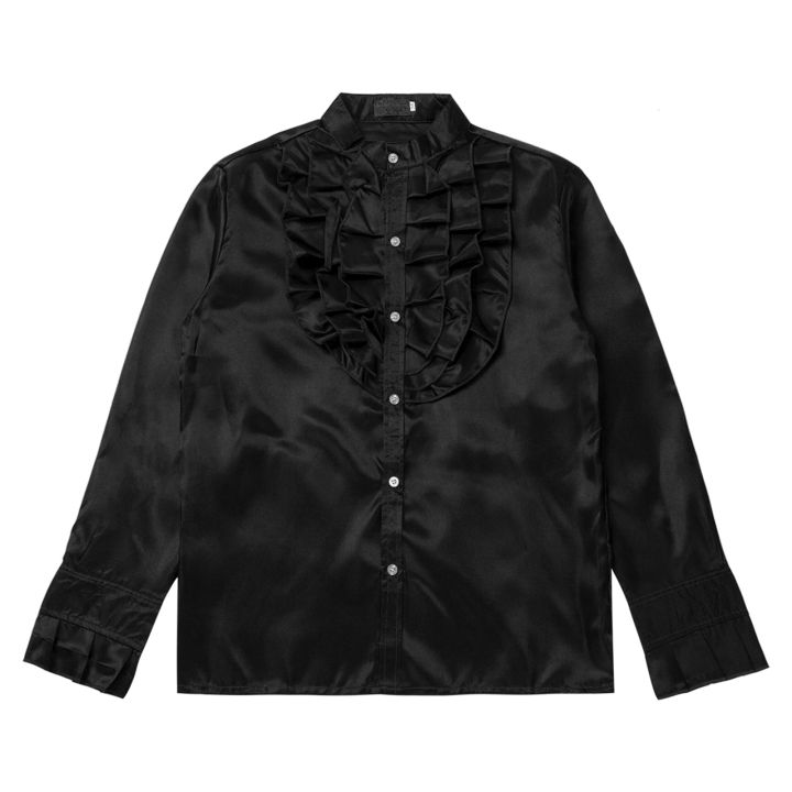 Canis-Men Satin Ruffle Shirts, Long Sleeve Stand Collar Solid Color Slim Fit Dress Shirt