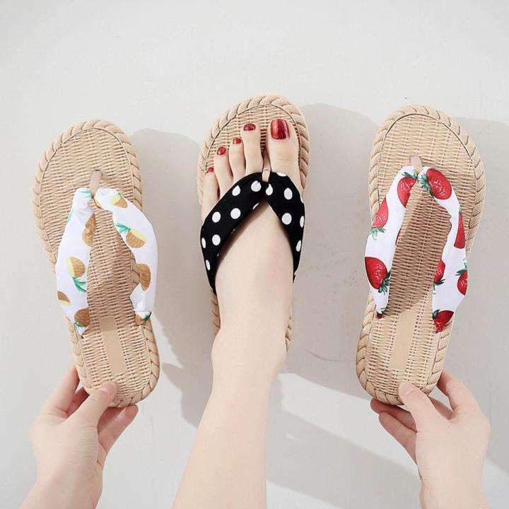 Women Slippers Fashion Women's Floral Imitated Straw Flip Flops Outdoor Sweet Non-Slip Sandals Hemp Rope Beach Shoes