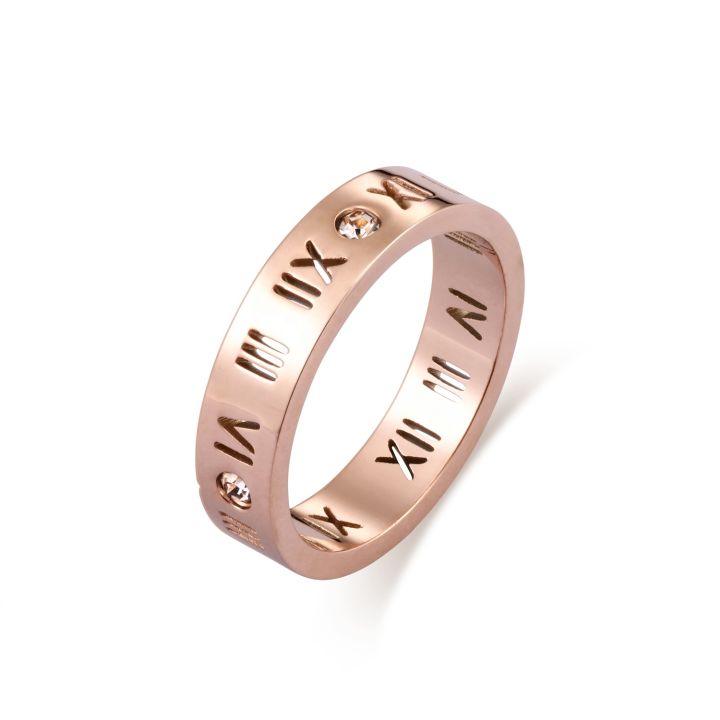 Wholesale custom fashion jewelry 18k rose gold stainless steel classic hollow ring zircon roman numeral ring for women men