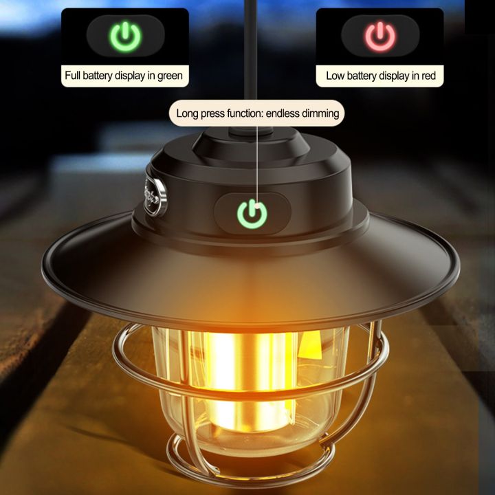 LED Camping Lantern Rechargeable, 4 Modes Infinitely Dimmable Light, Type-C Charging Hanging Retro Light, Battery Powered IPX4 Waterproof Portable Outdoor Tent Electric Lamp