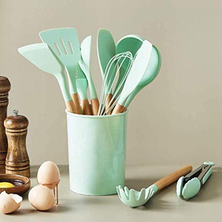 Kitchen Utensil Set 12 PCS Silicone Cooking Utensils Set With Wooden Handle, Heat Resistant, Nonstick Cookware Tongs Spatula Spoon Set Dishwasher Safe Best Kitchen Tools With Holder (White