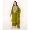 Mehndi Green Dhanak Mareena Dress 3 Piece Stitched Dress For Winter. 