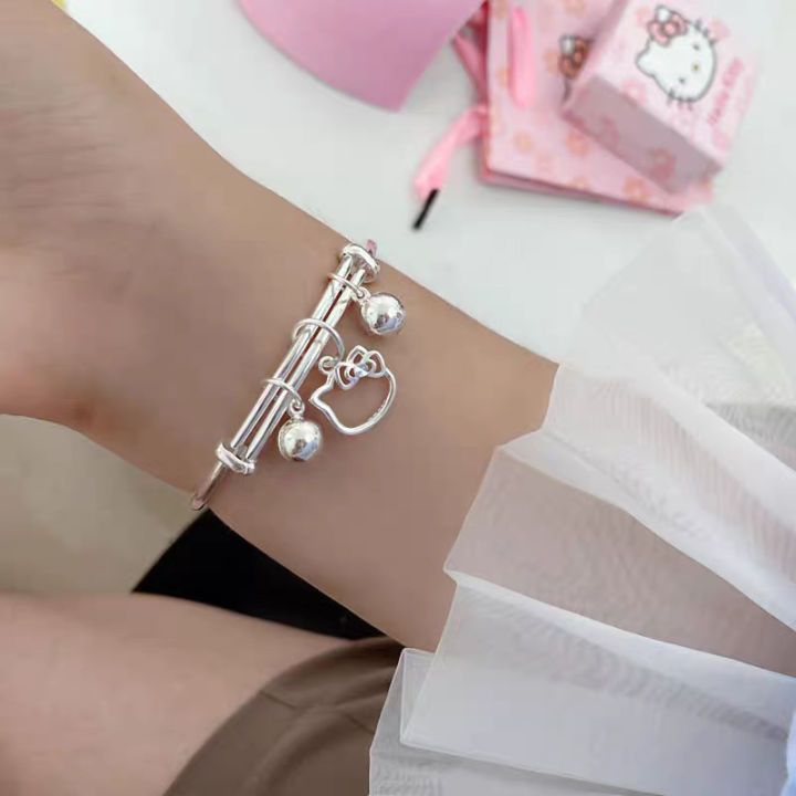 Sanrio Anime Cartoon Push-pull Bracelet Cute Hello Kitty Charms Bangle With Bells For Women Girl Goth Jewelry Valentine Gift Qoddess