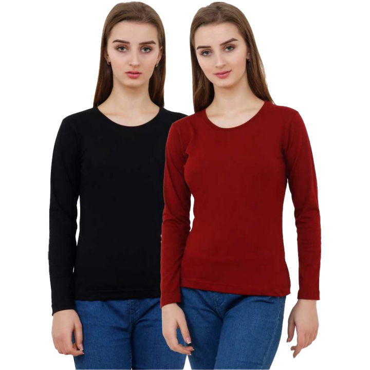 Customized Pack of 2 Plain Long Sleeves Jersey Cotton t shirt for girls Maroon and Black