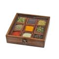 HANDMADE WOODEN MASALA BOX SPICE BOX CREATIVE WOODEN SPICE BOX WITH SPOON 10 X 10 INCH MULTI PURPOSE CONTAINER, KITCHEN ITEM UTILITY BOX JEWELLERY BOX MADE FROM HIGH QUALITY WOOD. 