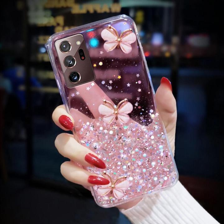 For Samsung Galaxy Note 20 Ultra Back Cover Luxury 3D Shiny Rhinestone Butterfly Glitter Sequins Starry Girls Cases Clear Soft TPU Silicone Protective Mobile Phone Case